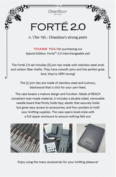 ChiaoGoo | Forté 2 Set | Luxury Interchangeable Needles, , ChiaoGoo Forté 2 features carbon fibre & blackwood tips, SWIV360 cables, & premium tools in a REACH-compliant case. The ultimate knitting set UK, Knit With Me