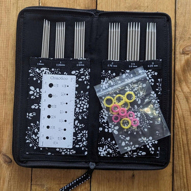 ChiaoGoo | Stainless Steel DPN Set | Durable Sock Knitting, , Knit socks with precision using ChiaoGoo's Stainless Steel DPN Set. Includes 6 needle sizes, stitch markers, gauge, and a zip case. Smooth, strong and portable., Knit With Me