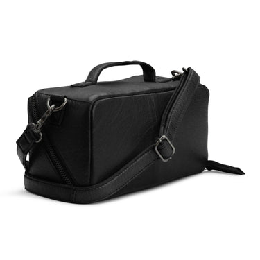 Black duffel bag with shoulder strap on a white background