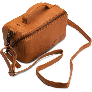 Brown leather bag with should strap  on white background