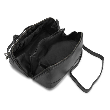 Black leather bag with a shoulder strap on a white background