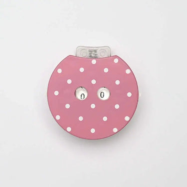 Pink polka-dot Row Counter with push button and lock, ideal for tracking knitting progress, minimizes counting errors. From KnitPro.