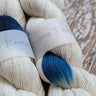 Organic cashmere yarn for Contemplation II Cowl Knitting Kit by Chroma Nima, hand dyed with blue indigo and cochineal.