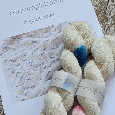Contemplation II Cowl Knitting Kit by Chroma Nima featuring hand-dyed cashmere yarn with lace pattern design.