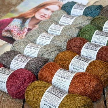 Yarn balls for Ennerdale Cowl Kit by Marie Wallin, featuring British Breeds yarn in various colors with a Fairisle pattern backdrop.