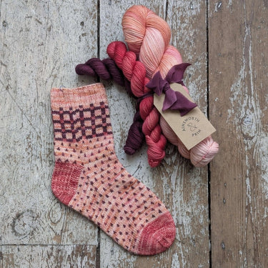 Flower Yarn Knitting Kits featuring Classic Sock base by Ainsworth & Prin, with hand-dyed silk ribbon, perfect for crafting.