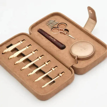 KnitPro Oasis Chunky Interchangeable Crochet Hook Set with hooks, measuring tape, markers, and scissors in a case.