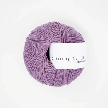 Knitting for Olive COTTON MERINO yarn in purple, soft blend of 70% cotton and 30% Merino wool, ideal for all-year garments.