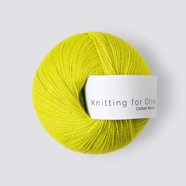 Bright yellow Knitting for Olive COTTON MERINO yarn ball, soft 70% cotton and 30% Merino wool blend for versatile garments.