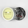 Knools Stitch Markers tin with 50 colorful metal stitch markers, perfect for knitting and crocheting projects.