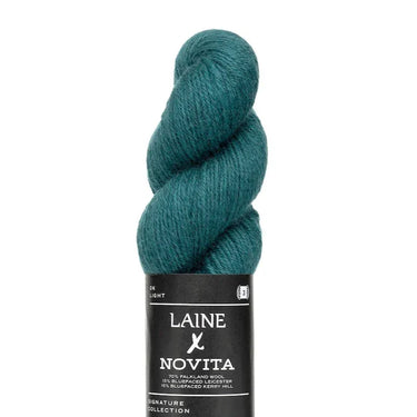 Laine x Novita DK yarn in deep teal, made from Falkland wool, Bluefaced Leicester, and Bluefaced Kerry Hill, for knitting projects.