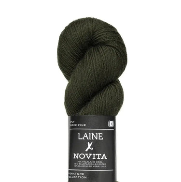 Dark green skein of yarn with Laine Novita label on a white background