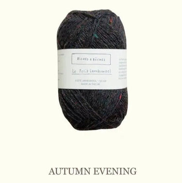 Le Petit Lambswool yarn in Autumn Evening colorway with tweed speckles, ideal for knitting projects with structure and drape.