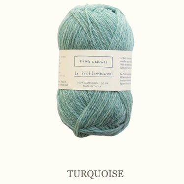 Turquoise yarn ball with a label on a white background