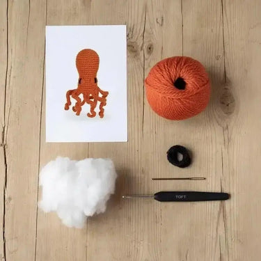 Crochet your first Amigurumi Workshops materials: yarn, hook, stuffing, crochet pattern on wooden table