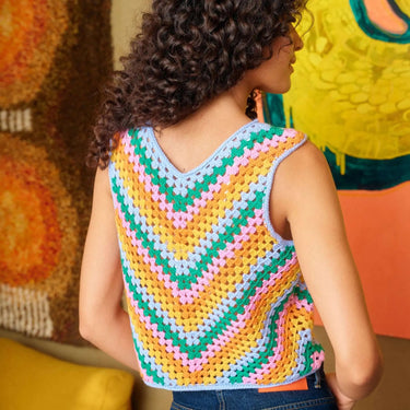 Colorful crochet top featured in Let's Crochet Issue 2 by Laine magazine, available for pre-order.