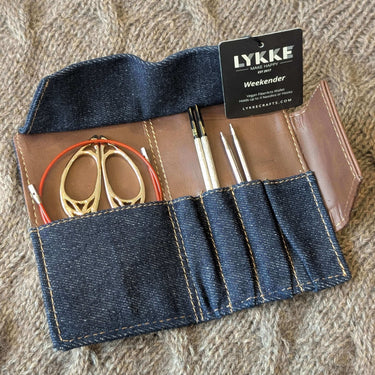 LYKKE Weekender Knitting Needle Travel Case with scissors and needles displayed.
