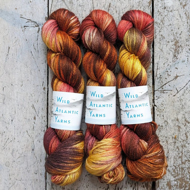Wild Atlantic | Niamh | Merino & Silk Yarn, Colour: Falling Leaves Of Autumn, A luxurious blend of silk and merino combined to produce this beautifully soft base. Niamh means lustre, radiance and brightness which is this sumptuous yarn. With wonderful sti