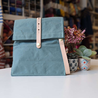 Hide & Hammer | Large 03 Project Bag | Premium Knitting Bag , Color: Sage Green + Nude Straps, This canvas and leather knitting bag perfectly combines form and function. Its internal pockets are great for a sweater but not so bulky that you lose a shawl.,