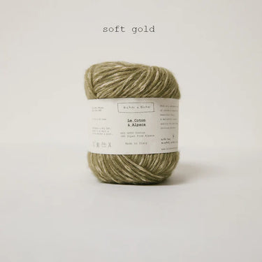 Le Coton & Alpaca yarn in soft gold shade, 66% GOTS cotton, 34% super fine alpaca, perfect for knitting in various seasons.