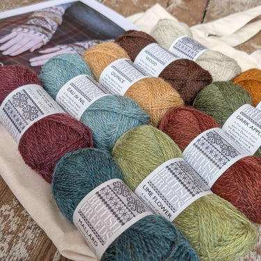 Sycamore Armwarmers Kit by Marie Wallin with colorful British Breeds yarn balls and pattern on a wooden surface.