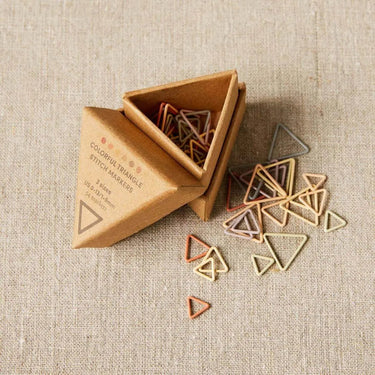 Colorful Triangle Stitch Markers by Cocoknits in Earth Tone shades, designed for easy needle transfer in knitting projects.